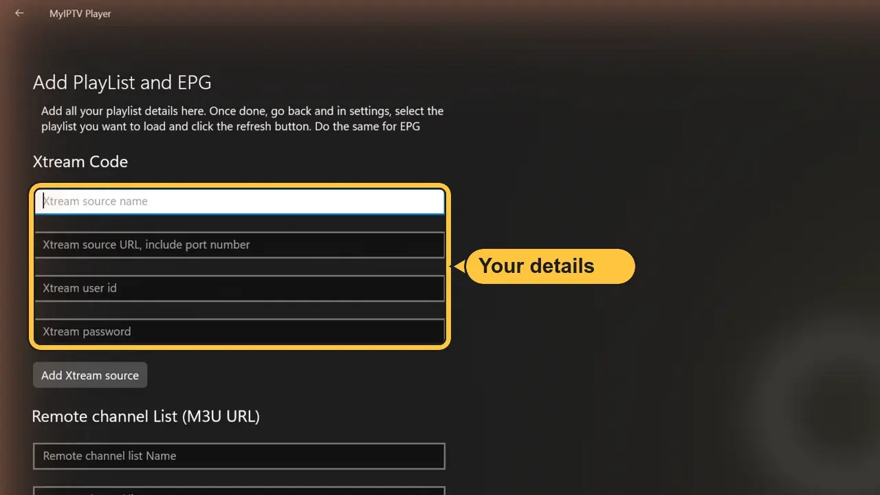 Formulaire Xtream Code MyIPTV Player