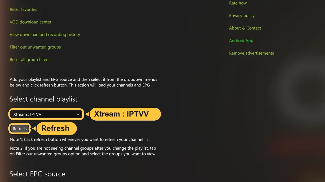 Select channel playlist et Refresh