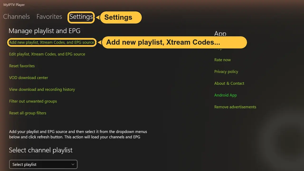 Paramètres MyIPTV Player
